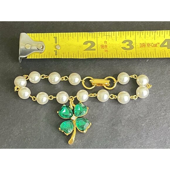 Vtg House Of Borvani Lucky Charm Bracelet 4 Leaf Clover Faux Pearls Green Glass - Picture 8 of 9